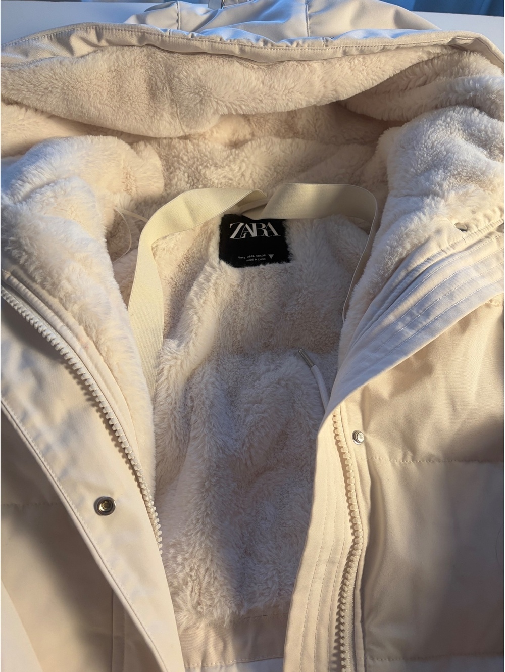 Zara Cream Puffer Coat with Faux Fur Lining